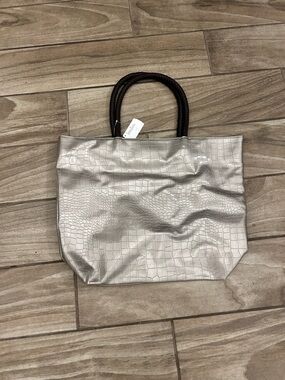 Neiman Marcus Metallic Silver Croc-Embossed Tote with Dark Rope Handles